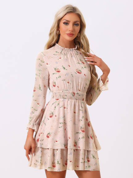 Allegra K- Floral Layered Sheer Smock Waist Mini Dress