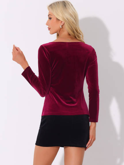 Allegra K - Velvet Contrast Lace V Neck Fall Top