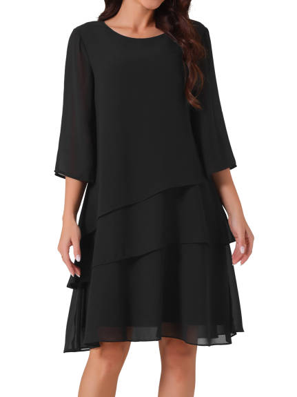 Allegra K - Chiffon Crewneck Tiered Layered Dress