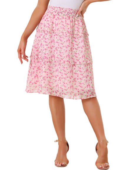 Allegra K- Smocked Waist Ruffle Tiered Floral Skirt