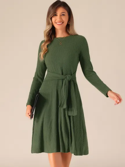 Allegra K - Robe Midi à Col Rond en Tricot Côtelé