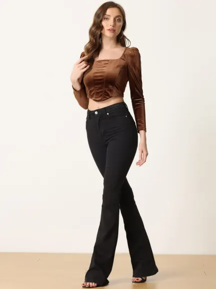 Allegra K- Velvet Square Neck Long Sleeve Crop Blouse