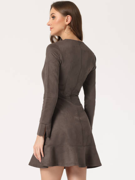 Allegra K- Faux Suede Round Neck Long Sleeve Ruffle Dress