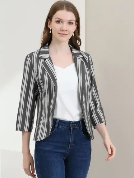 Allegra K- Casual Striped 3/4 Sleeves Open Front Notched Lapel Blazer