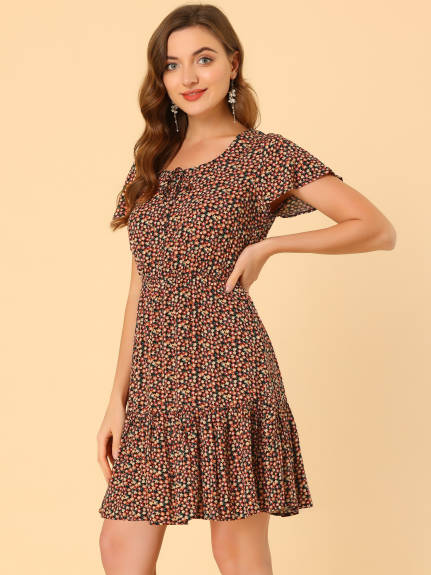 Allegra K- Floral Flutter Sleeve Ruffle Dress