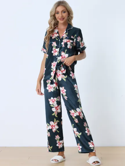 cheibear - Button Down Satin Floral Summer Pajamas Set