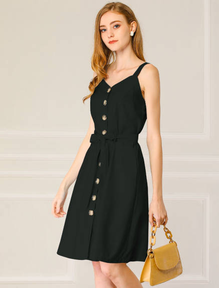 Allegra K- Belted Spaghetti Strap Button Dress