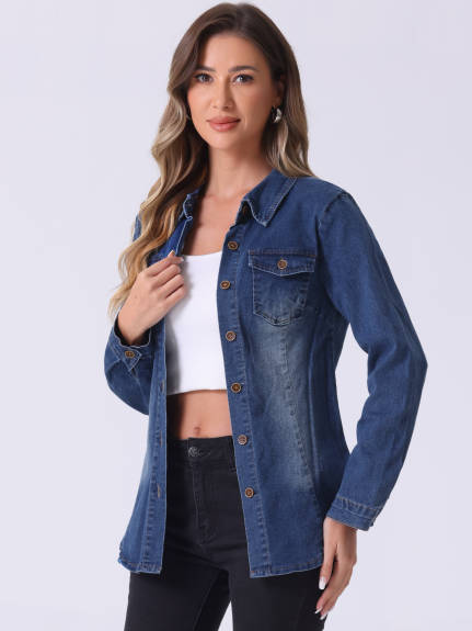 Allegra K - Button Down Long Sleeve Jean Shirt