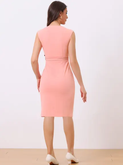 Allegra K- Sheath Sleeveless V Neck Belt Pencil Dress