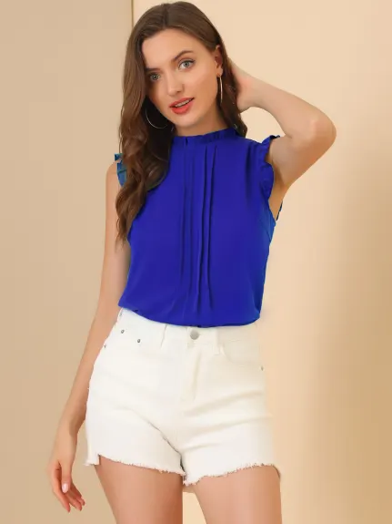 Allegra K- Ruffled Mandarin Collar Sleeveless Pleated Blouse