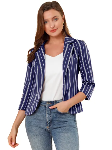 Allegra K- Casual Striped 3/4 Sleeves Open Front Notched Lapel Blazer