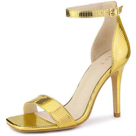 Allegra K - Square Toe Buckle Ankle Strap Heeled Sandals