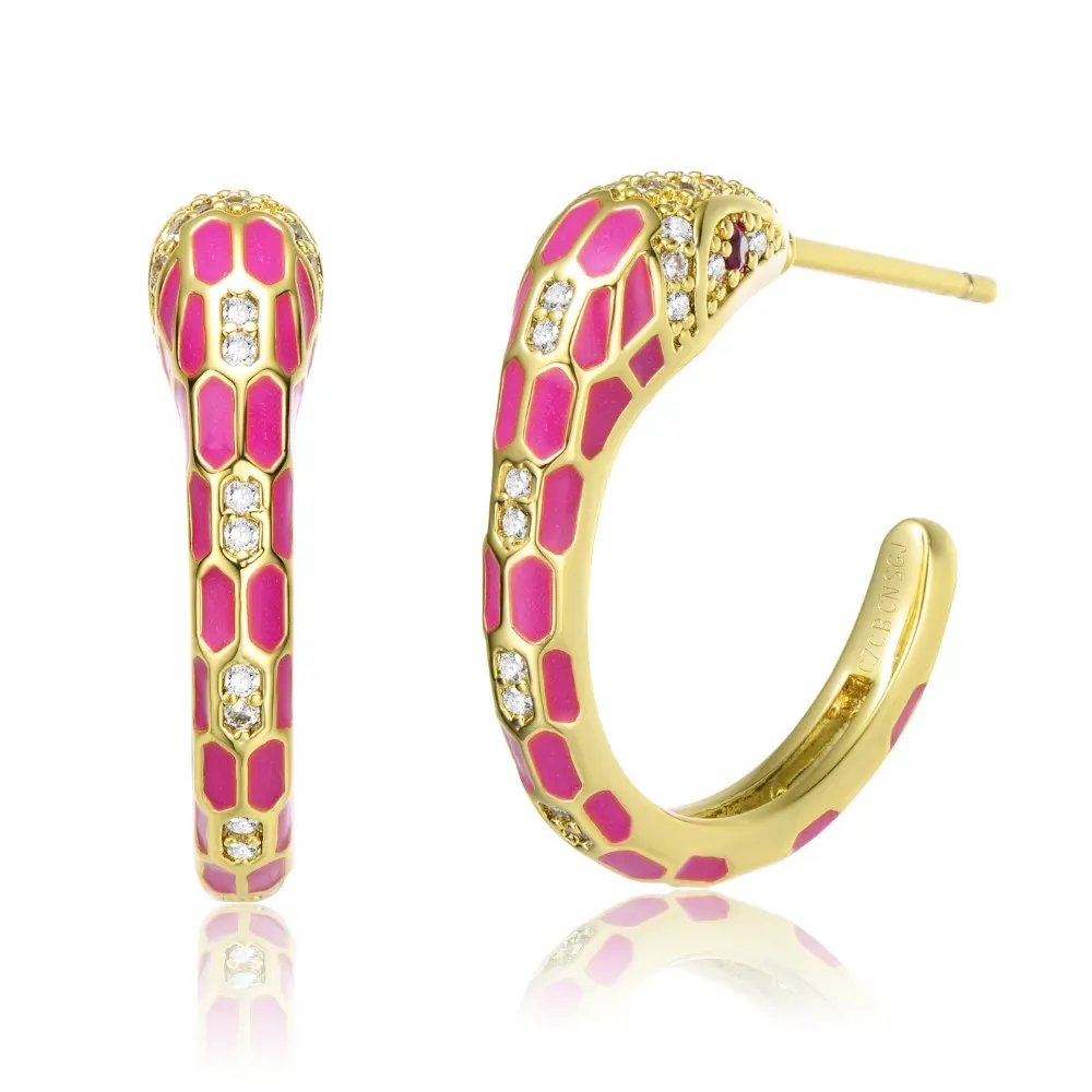 Rachel Glauber 14k Yellow Gold Plated with Cubic Zirconia Pink Enamel Python Snake C-Hoop Earrings