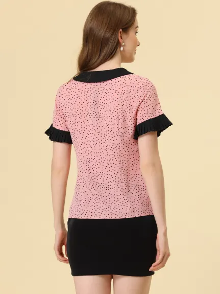 Allegra K- Contrast Doll Collar Polka Dots Blouse