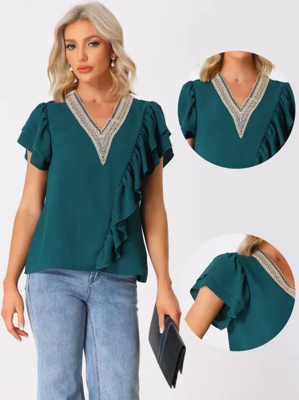 Allegra K - Ruffle Short Sleeve V Neck Blouse