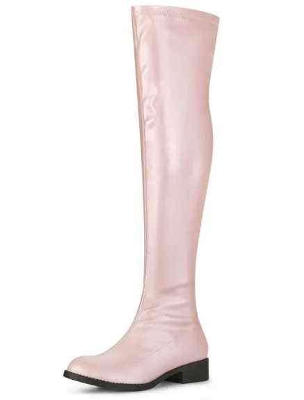 Allegra K- Low Block Heel Solid Thigh High Boots