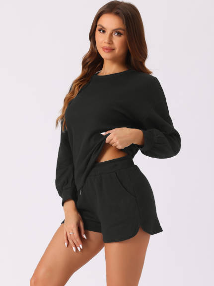 Cheibear - Waffle Knit Long Sleeve Lounge Set