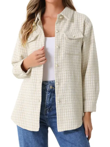 Allegra K - Long Sleeves Loose Tweed Shirt Jacket