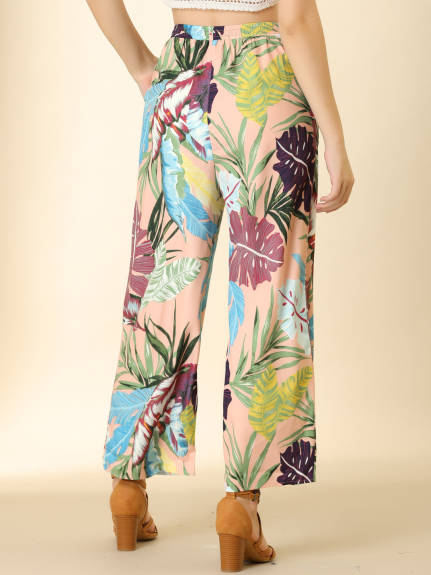 Allegra K- Drawstring Wide Leg Floral Beach Pants