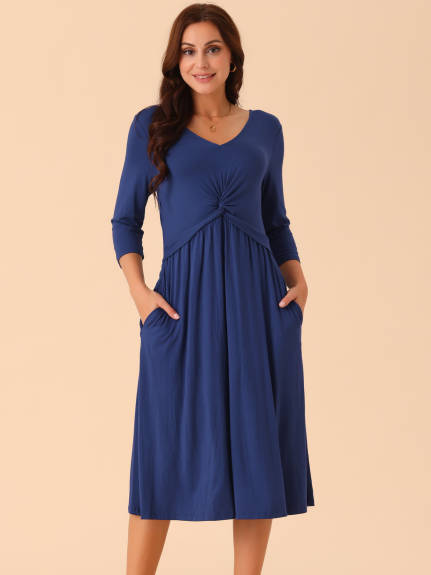 Allegra K - Twist Knot Front 3/4 Sleeve Midi Dress