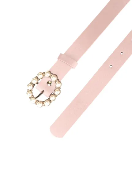 Allegra K- Pearl Waistband Skinny Leather Pin Buckle Belt