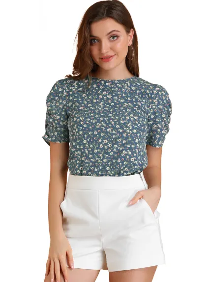 Allegra K- Floral Crew Neck Shirred Short Sleeve Blouse