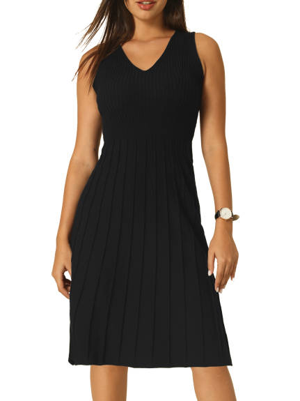 Hobemty- V Neck Knit Pleated Midi Dress