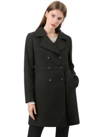 Allegra K- Notched Lapel Double Breasted Mid-Lentgh Overcoat