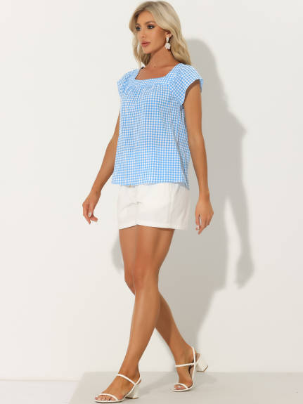 Allegra K- Square Neck Gingham Cap Sleeve Blouse