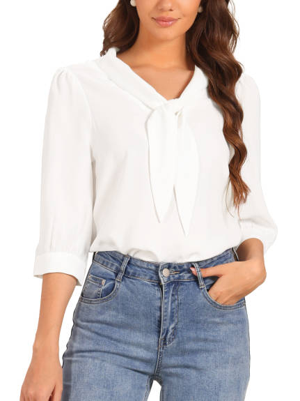 Allegra K - 3/4 Sleeve Tie Neck Office Blouse