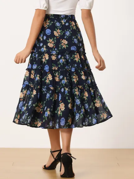 Allegra K- Floral Tiered A-Line Long Chiffon Skirt