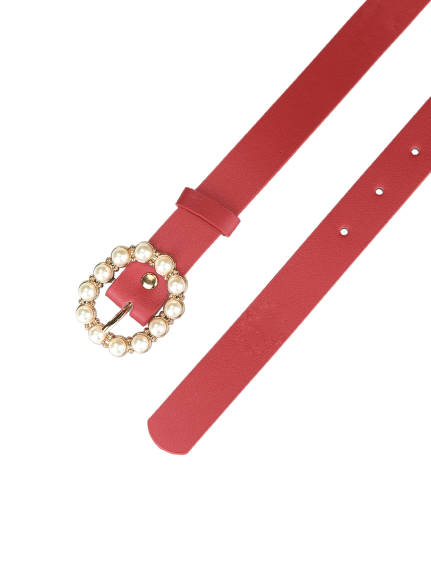 Allegra K- Pearl Waistband Skinny Leather Pin Buckle Belt