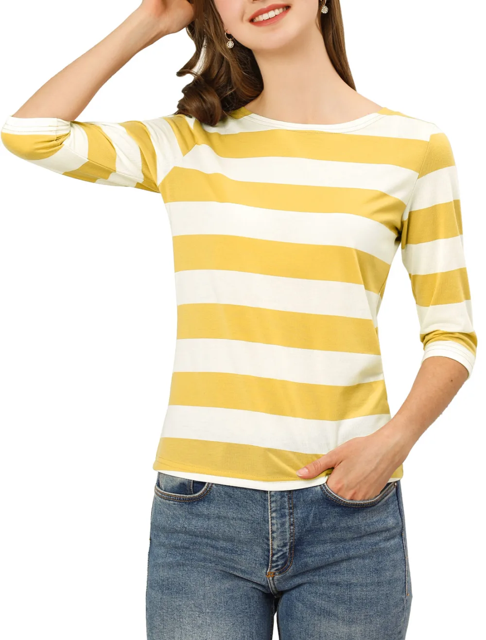 Allegra K- Boat Neck Elbow Sleeve Slim Fit Stripe T-Shirt