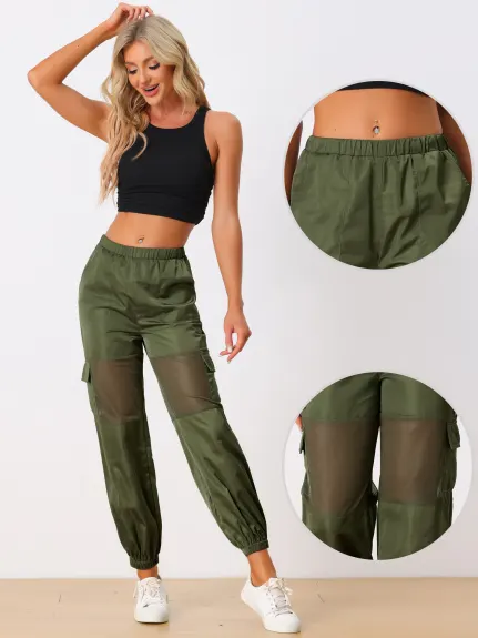 Allegra K- Mesh Panel Pant High Waist Sheer Elastic Baggy Cargo Pants