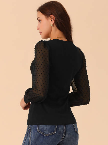 Allegra K - V Neck Swiss Dot Long Sleeve Blouse