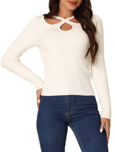 Allegra K- Ribbed Knitted Cut Out Pullover Sweater Top