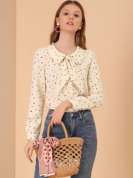 Allegra K- Bow Tie Collar Blouse Heart Print Shirt