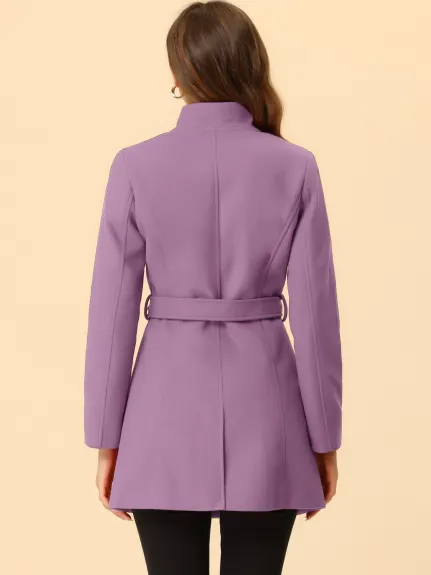 Allegra K- Classic Stand Collar Belted Long Coat