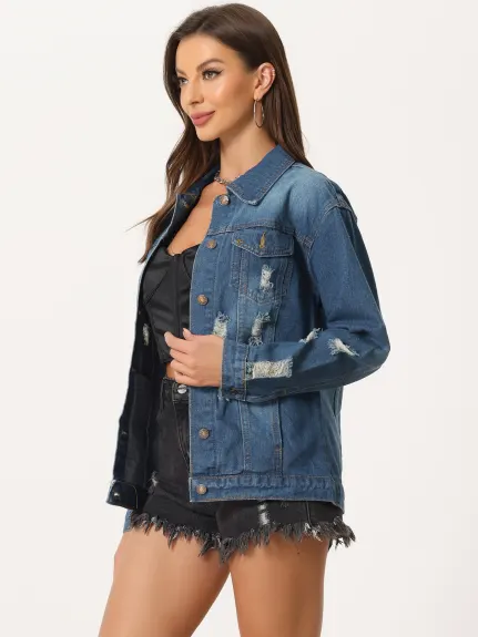 Allegra K- Long Sleeve Oversized Denim Jacket