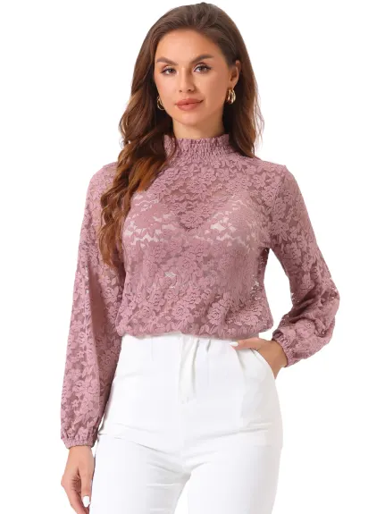 Allegra K- Ruffle Mock Neck Floral Lace Sheer Blouse