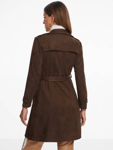 Allegra K- Faux Suede Belted Long Zipper Coat