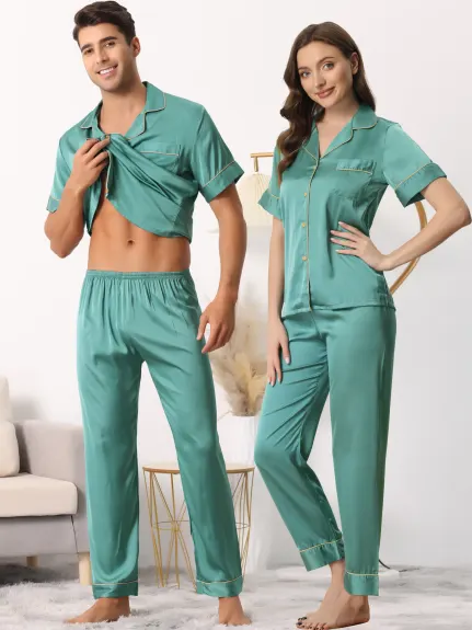 cheibear - Satin Button Shirt with Pants Pajama Set