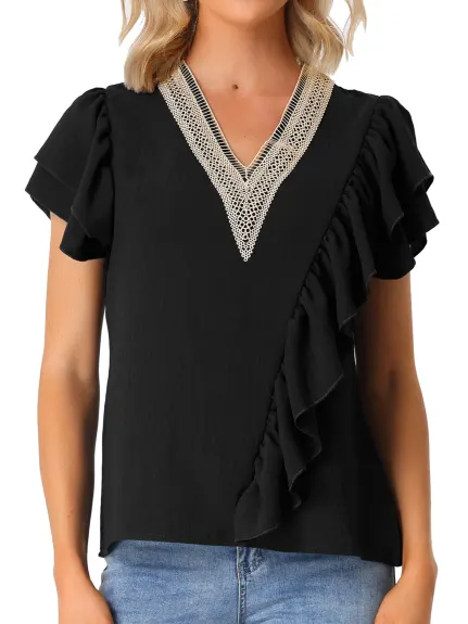 Allegra K - Ruffle Short Sleeve V Neck Blouse