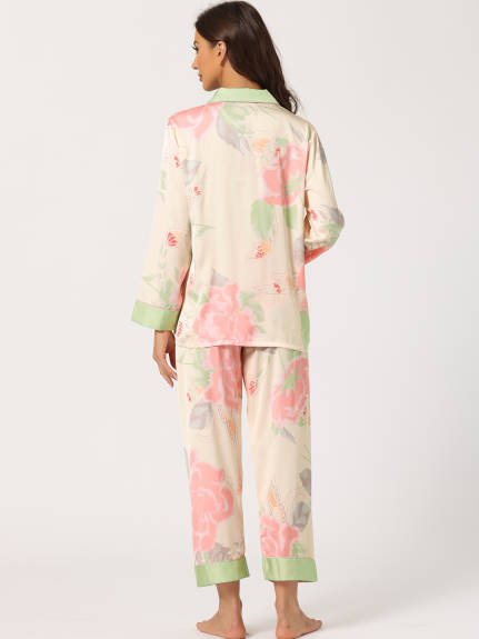 cheibear - Floral Button Down Silk Sleepwear 2pcs Set