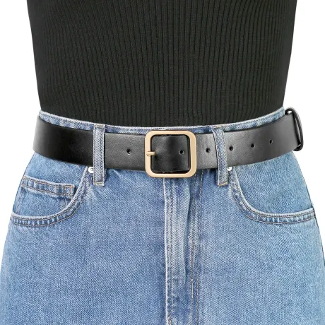 Allegra K- Square Pin Gold Buckle Wide Leather Waist Belt