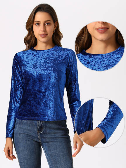 Allegra K- Velvet Round Neck Long Sleeve Top