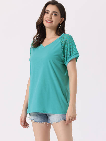 Allegra K - Contrast Lace Short Sleeve Basic T-Shirt