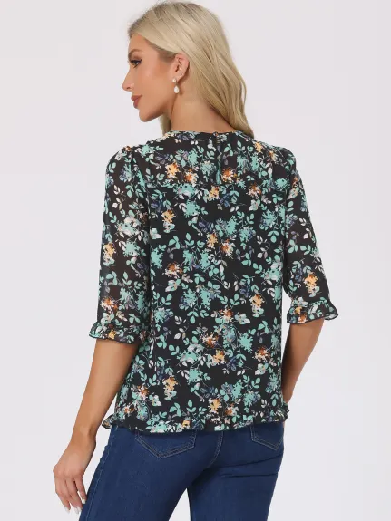 Allegra K- Floral Ruffled 3/4 Sleeve Blouse