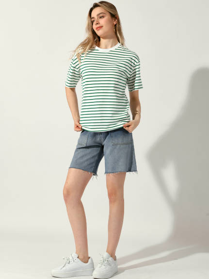 Allegra K - Striped Crewneck Short Sleeve Casual Top