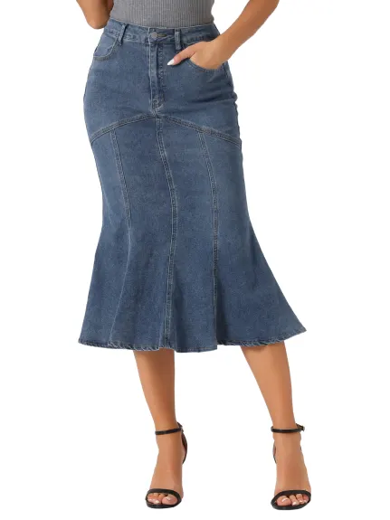 Allegra K- Washed Denim Fishtail Midi Bodycon Skirt